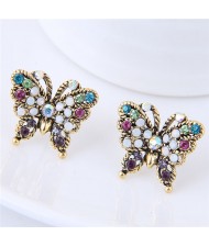 Czech Stone Embellished Vintage Golden Rimmed Butterfly Fashion Stud Earrings - Multicolor