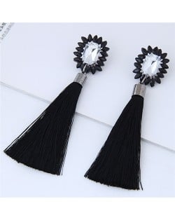 Resin Gem Floral Design with Threads Tassel High Fashion Costume Earrings - Black