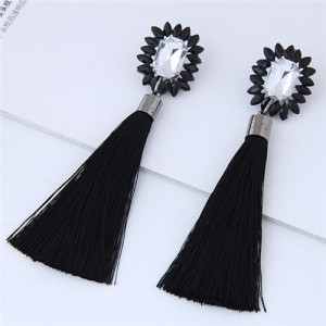 Resin Gem Floral Design with Threads Tassel High Fashion Costume Earrings - Black