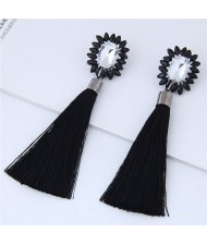 Resin Gem Floral Design with Threads Tassel High Fashion Costume Earrings - Black