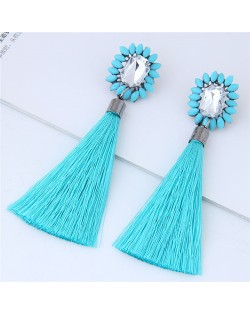Resin Gem Floral Design with Threads Tassel High Fashion Costume Earrings - Teal