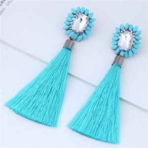 Resin Gem Floral Design with Threads Tassel High Fashion Costume Earrings - Teal