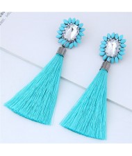 Resin Gem Floral Design with Threads Tassel High Fashion Costume Earrings - Teal