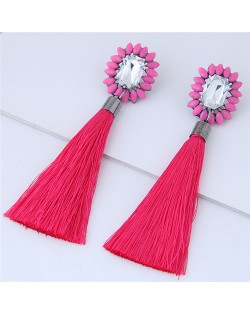 Resin Gem Floral Design with Threads Tassel High Fashion Costume Earrings - Rose