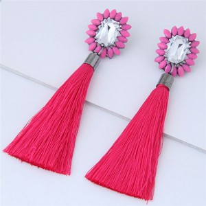 Resin Gem Floral Design with Threads Tassel High Fashion Costume Earrings - Rose