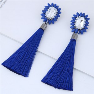 Resin Gem Floral Design with Threads Tassel High Fashion Costume Earrings - Blue