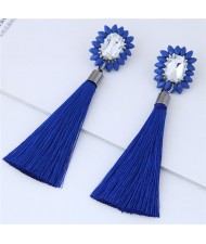 Resin Gem Floral Design with Threads Tassel High Fashion Costume Earrings - Blue