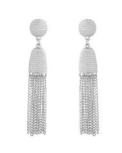Elegant Dangling Tassel Button Fashion Stud Earrings - Silver