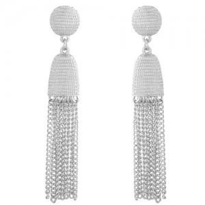Elegant Dangling Tassel Button Fashion Stud Earrings - Silver