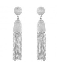 Elegant Dangling Tassel Button Fashion Stud Earrings - Silver