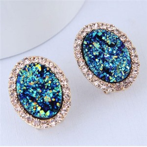 Rhinestone Surround Oval Fashion Gorgeous Design Costume Stud Earrings