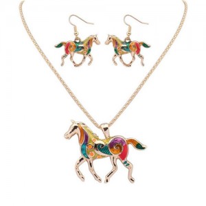 Colorful Oil-spot Glazed Lucky Horse Costume Necklace and Earrings Set - Golden