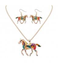 Colorful Oil-spot Glazed Lucky Horse Costume Necklace and Earrings Set - Golden