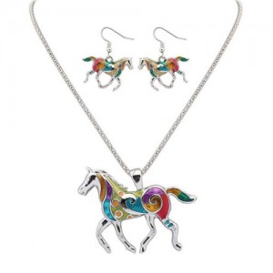 Colorful Oil-spot Glazed Lucky Horse Costume Necklace and Earrings Set - Silver