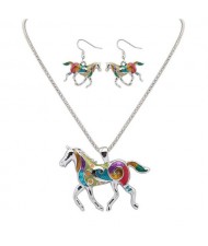 Colorful Oil-spot Glazed Lucky Horse Costume Necklace and Earrings Set - Silver