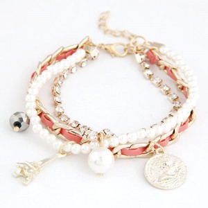 Zircon Embedded Tower Pendant Leather Bracelet - Pink