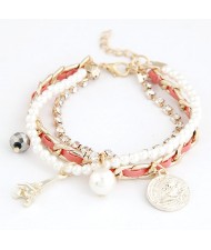 Zircon Embedded Tower Pendant Leather Bracelet - Pink