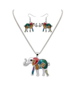 Colorful Oil-spot Glazed Folk Elephant Costume Necklace and Earrings Set - Silver