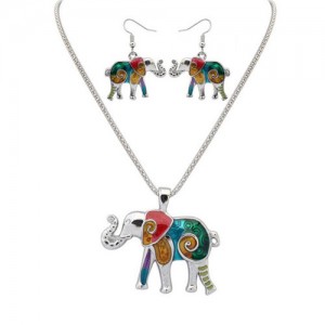 Colorful Oil-spot Glazed Folk Elephant Costume Necklace and Earrings Set - Silver