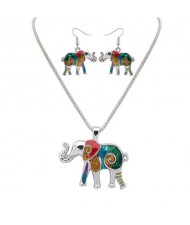 Colorful Oil-spot Glazed Folk Elephant Costume Necklace and Earrings Set - Silver