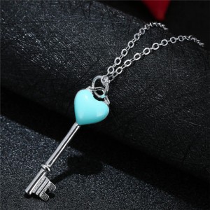 Teal Heart Sweet Key Pendant Fashion Necklace