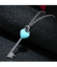 Teal Heart Sweet Key Pendant Fashion Necklace