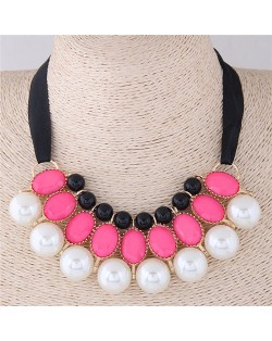 Resin Gems and Pearl Combo Triple Layers Ribbon Fashion Necklace