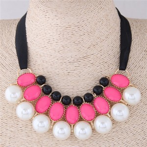 Resin Gems and Pearl Combo Triple Layers Ribbon Fashion Necklace