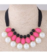 Resin Gems and Pearl Combo Triple Layers Ribbon Fashion Necklace