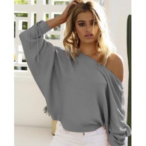 High Fashion Off-shoulder Casual Style Women Top - Gray