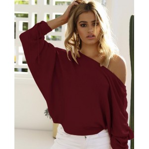 High Fashion Off-shoulder Casual Style Women Top - Wine Red