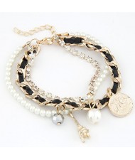 Zircon Embedded Tower Pendant Leather Bracelet - Black