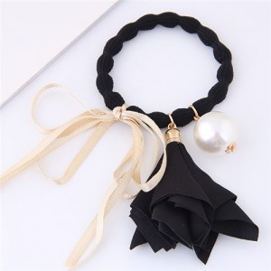 Trumpet Flower Pearl and Bowknot Decorated Korean Fashion Hair Band - Black
