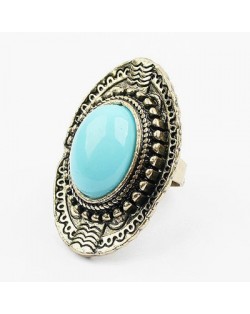 Resin Gem Embellished Vintage Queen Fashion Open-end Ring - Teal