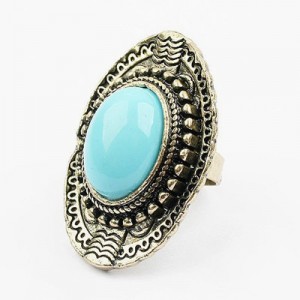 Resin Gem Embellished Vintage Queen Fashion Open-end Ring - Teal