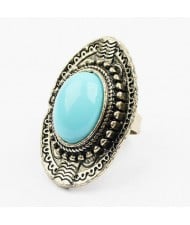 Resin Gem Embellished Vintage Queen Fashion Open-end Ring - Teal