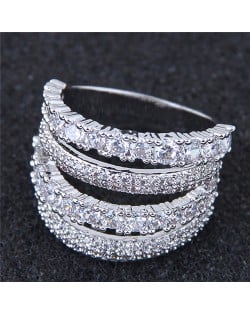 Cubic Zirconia Embellished Four Layers Shining Fashion Ring - Silver