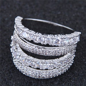 Cubic Zirconia Embellished Four Layers Shining Fashion Ring - Silver