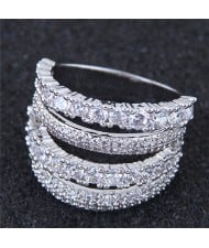 Cubic Zirconia Embellished Four Layers Shining Fashion Ring - Silver