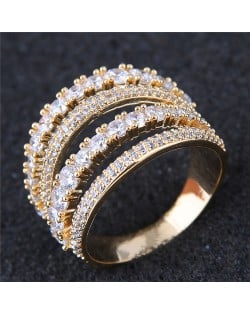 Cubic Zirconia Embellished Four Layers Shining Fashion Ring - Golden