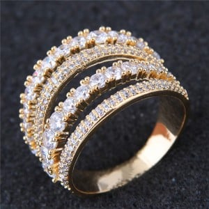 Cubic Zirconia Embellished Four Layers Shining Fashion Ring - Golden