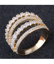 Cubic Zirconia Embellished Four Layers Shining Fashion Ring - Golden