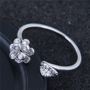Korean Fashion Sweet Dimentional Flower and Leave Open Style Ring