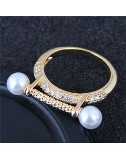 Pearl and Cubic Zirconia Embellished Luxurious Style High Fashion Golden Ring