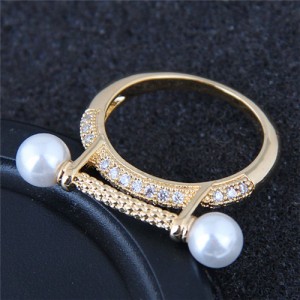 Pearl and Cubic Zirconia Embellished Luxurious Style High Fashion Golden Ring