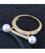 Pearl and Cubic Zirconia Embellished Luxurious Style High Fashion Golden Ring