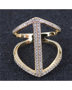 Cubic Zirconia Inlaid Elegant Hollow Fashion Knuckle Ring - Golden