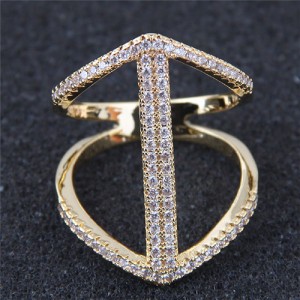 Cubic Zirconia Inlaid Elegant Hollow Fashion Knuckle Ring - Golden
