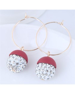 Rhinestone Inlaid Candy Color Ball Pendants Hoop Fashion Earrings - Red