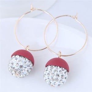 Rhinestone Inlaid Candy Color Ball Pendants Hoop Fashion Earrings - Red